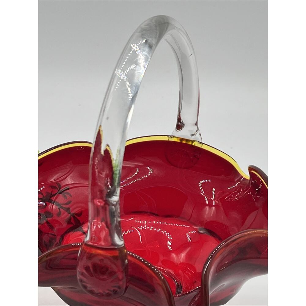 Viking Glass Ruby Amberina Georgian Handled Basket 9.5" Yellow Rim Art Glass USA - Picture 6 of 10